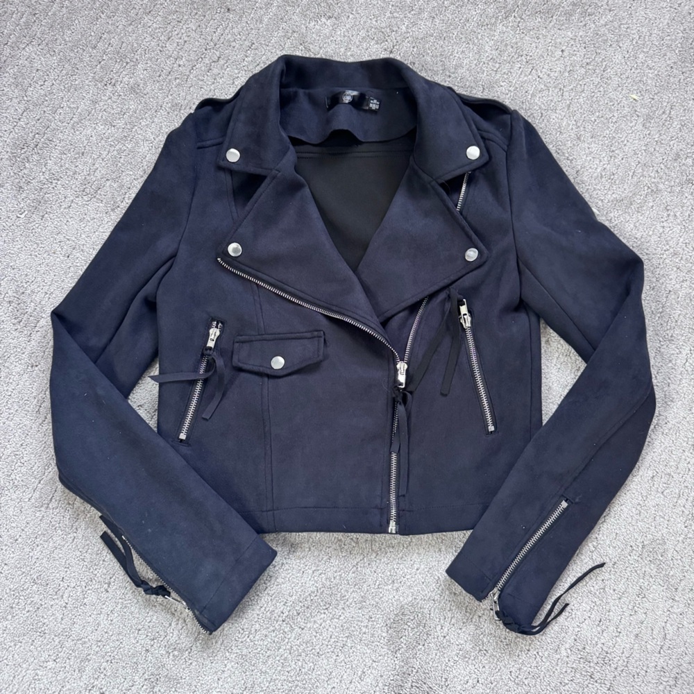 Missguided Black Faux Suede Cropped Moto Jacket Biker size 4